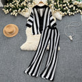 Retro Slimming Plus Size Knit Striped Loose Color-Block Wide Leg Pants + Cardigan Set