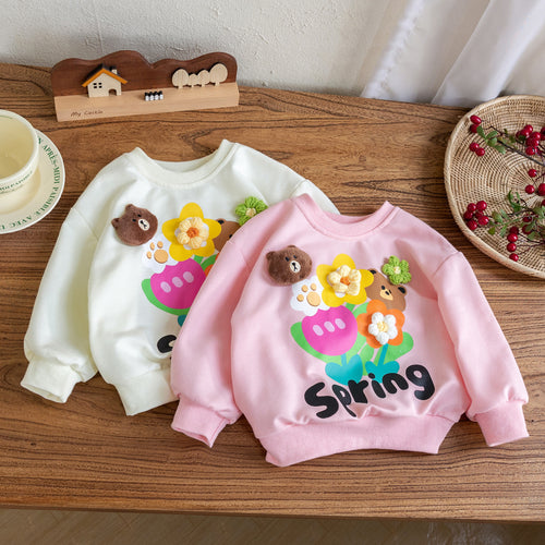 Girls' 3D Flower Bear Pullover Hoodie - Spring/Fall
