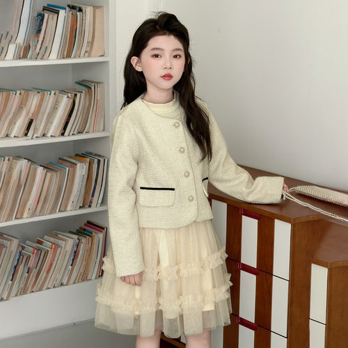 Girls' Tweed Style Short Top & Tulle Skirt Set - Princess