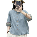 Women's Summer New Chinese Linen Cotton Embroidered Lantern Sleeve Lantern Shirt 2026 - Purple