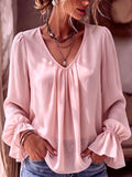 Office Versatile Long Sleeve V-Neck Pleated Loose Shirt
