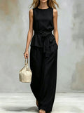 Spring-Summer Fashion Sleeveless Belt Pants + Top 2-Piece Set