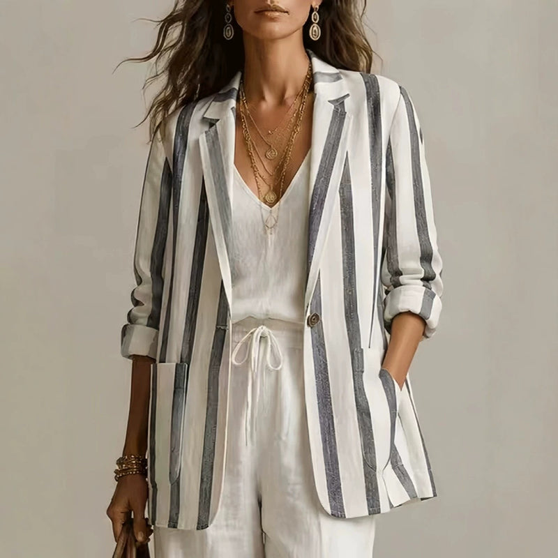 Women's Vacation Casual Long Sleeve Striped Loose Blazer 2026 - Gray