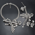 Overseas Western Bold 3D Cheetah Pendant Round Bead Chain Necklace Bracelet Set Earrings Ring Statement Jewelry 4-Piece Set