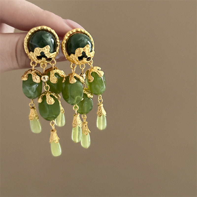 Olive Green Oval Pendant Tassel Stud Earrings – Vintage Style - view 6