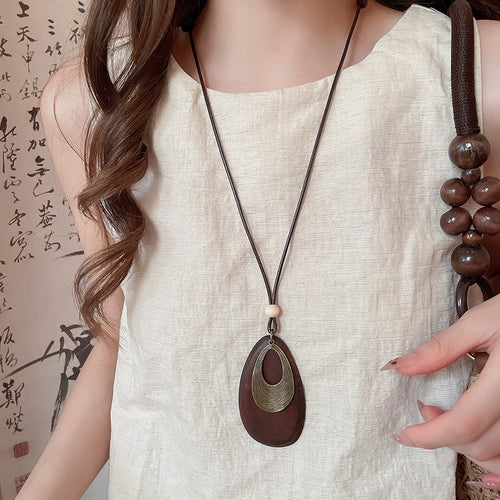 Zen Breeze Wood Teardrop Sweater Chain Women Vintage Distressed Metal Lens Long Style Leather String Neo-Chinese Cotton Linen Accessory Item