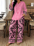 Women's Ethnic Retro Plus Size Long Sleeve V-Neck Printed Drapey Top Set 2026 - 1