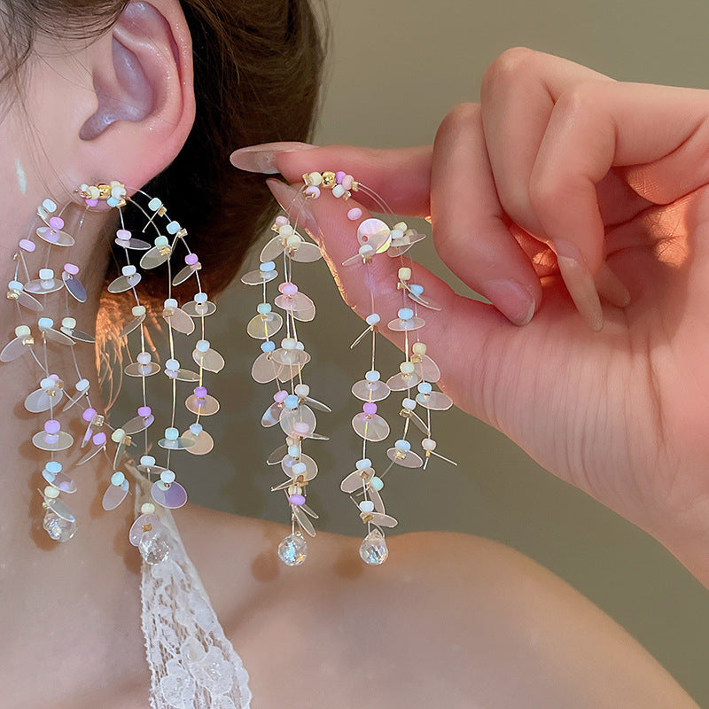 Floral Seed Bead Crystal Tassel Earrings - view 11