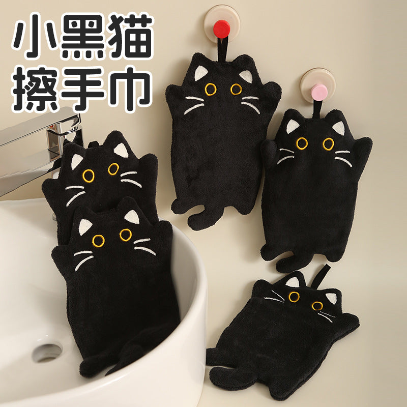 可爱黑猫挂式擦手巾厨房隔热垫加厚吸水不易掉毛清洁抹布儿童手帕
