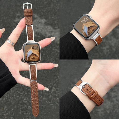 Fits Apple watchs11 Watch Band New Metal Bangle Lychee Texture Spliced Leather s10 / 9 / 8 Wrist Strap Women