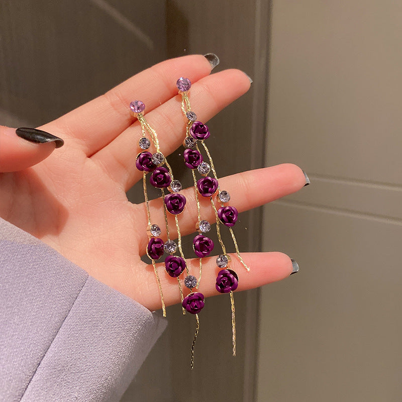 Purple Rhinestone Flower Tassel Earrings - view 8