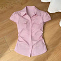 Summer Korean Elegant Short Sleeve Waist-Tie Fitted On-Shoulder Shirt