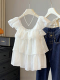 Summer Korean Youthful Mini Flutter Sleeve Sleeveless Ruffle Shirt