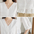 Summer Petite Embroidered Cotton Half Sleeve V-Neck Hollow-Out Cropped Shirt