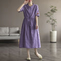 Washed Cotton Embroidered Drawstring Fitted Mid-Length Dress