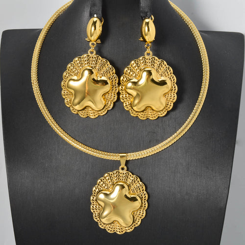 Cross-Border New Release Cutout Base Pad Shiny Five-Point Star Necklace Earrings Set 2-Piece Set Exquisite Set Women