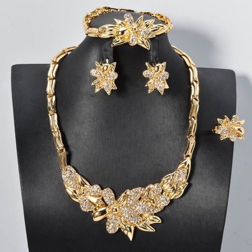 EU/US Import Export Dubai Gold 18K Slub Chain Flower Rhinestone Necklace Bracelet Set Earrings Ring Banquet Set