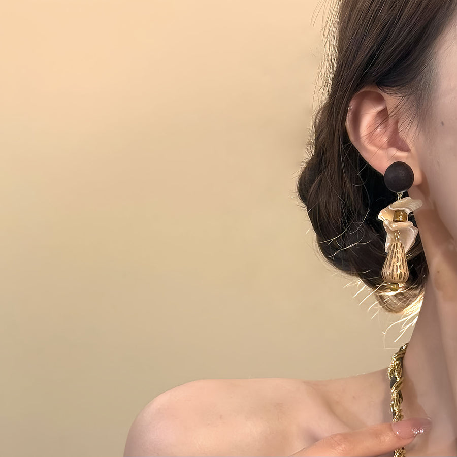 Chinese-Style Wood and Shell Teardrop Stud Earrings - view 3