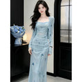 French Butterfly Print Mesh Fitted Long Dress