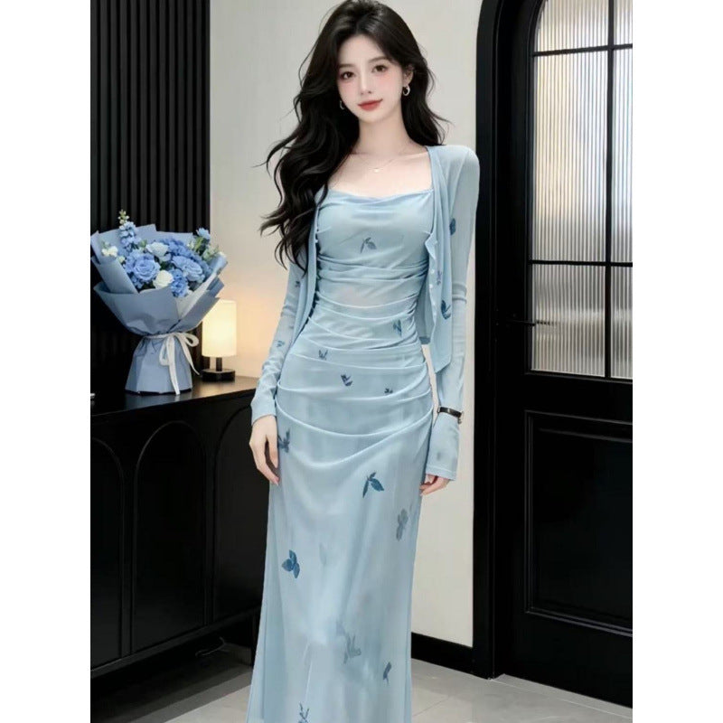 French Butterfly Print Mesh Fitted Long Dress