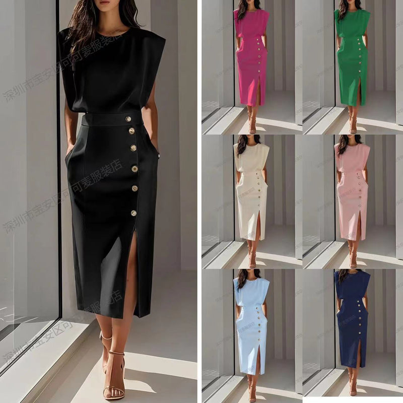 Metal Button Slit Dress - Round Neck Waist-Cinching Elegant Summer Dress Women
