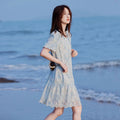韩版夏季重工刺绣蕾丝优雅气质小洋裙圆领泡泡A字连衣裙女