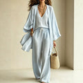 Summer Plus Size V-Neck Drawstring Wide Leg Cardigan + Pants 3-Piece Set