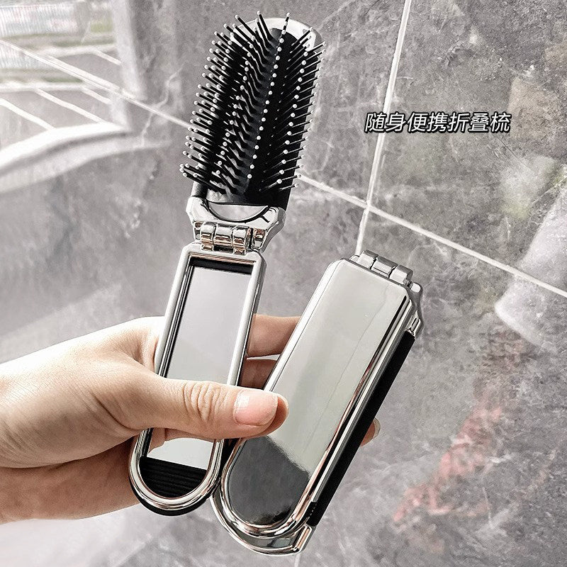Folding Travel Comb - Compact Mini Cushion Comb with Mirror for On-the-Go