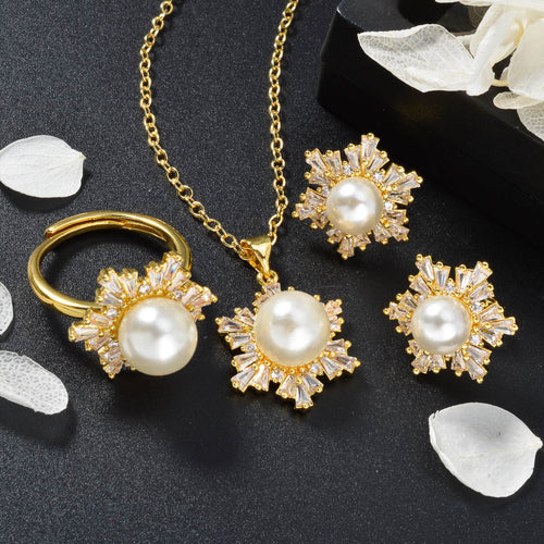 Fashionable Fresh Simple Versatile Imitation Pearl Pendant Snowflake Rhinestone 3-Piece Set Necklace Earrings Set Ring In Stock