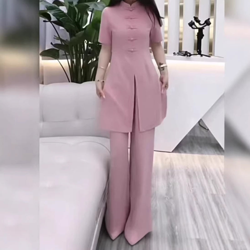 Spring Chinese Elegant Frog Button Mid-Length Long Wide Leg Pants 2-Piece Set