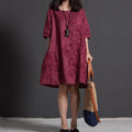 Korean Style Plus Size Cotton Linen Embroidered Short Sleeve Dress