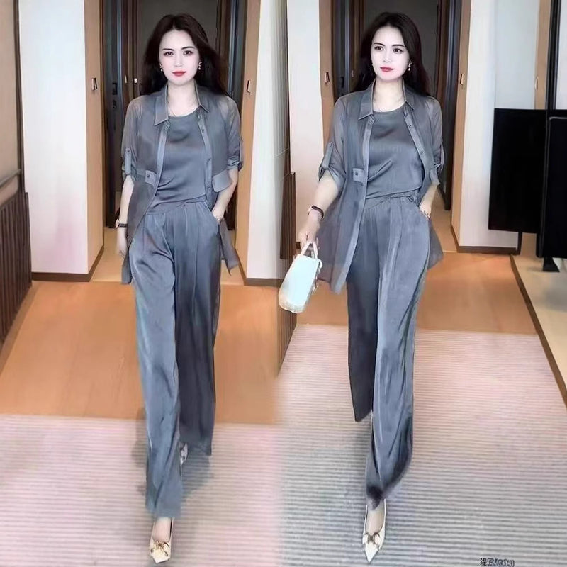 Summer Casual Fashion Sun-Protection Wide Leg Pants + Shirt 3-Piece Set