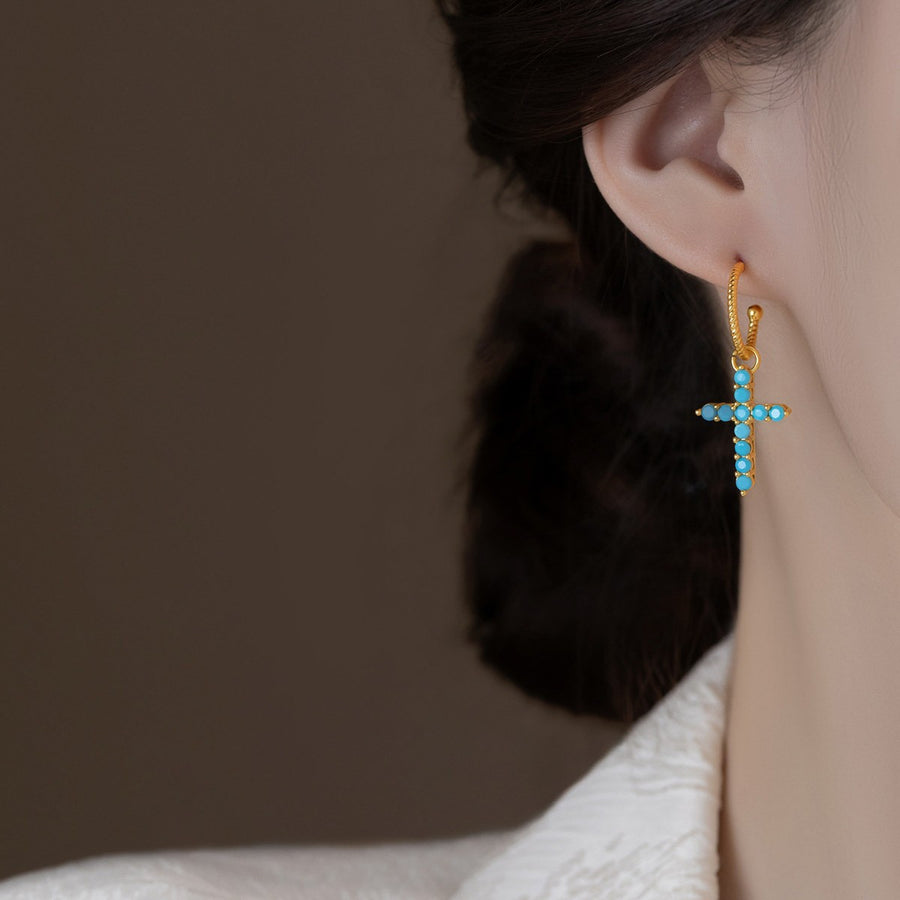 18K Gold-Plated Zircon Cross Pendant Stud Earrings - view 4