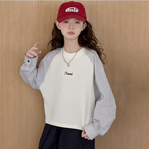 Girls' Striped Spliced Long Sleeve T-Shirt - Loose Fit