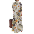 Women's Japanese Casual Linen Cotton Long Sleeve Lapel Collar Printed Loose Dress + S - Navy Blue