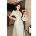 French Style Lace Panel Embroidered Dress for Women, Slimming Fitted Long Dress
