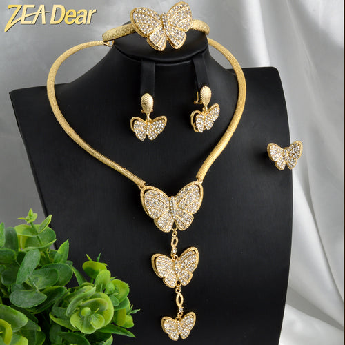 EU/US Import Bestseller Fringe 3D Butterfly Rhinestone Necklace Bracelet Set Earrings Ring Banquet Women Jewelry Set