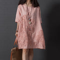Korean Style Plus Size Cotton Linen Embroidered Short Sleeve Dress