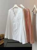 Summer Slimming Linen Cotton Lace Long Sleeve V-Neck Patchwork Heavy Shirt