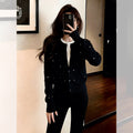 Women's Fall Korean Elegant Knit Wool Crystal Cropped Sweater + Cardigan + Jacket + T - Black