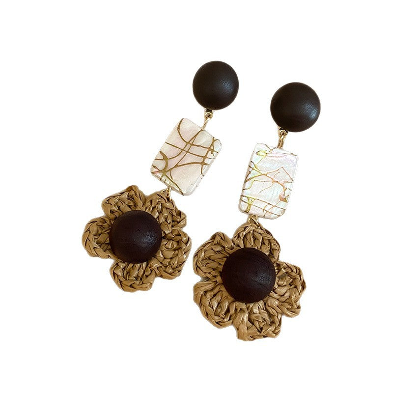 Vintage Wooden Flower Round Stud Earrings - view 5