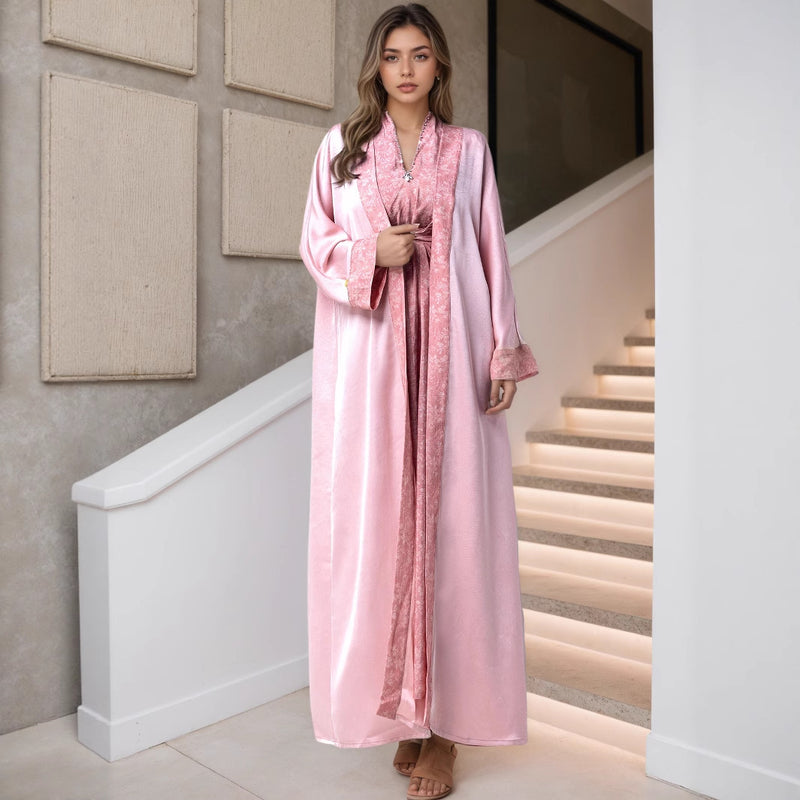 Women's Long Sleeve Dress + Cardigan 2-Piece Set 2026 | Layered Cardigan - Sakura Pink