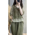 Summer Fashion Slimming Linen Cotton Patchwork Printed Harem Pants + Top 2-Piece Set