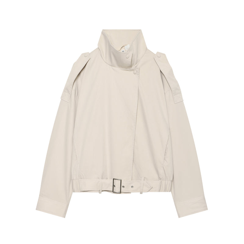 Women's Designer Stand Collar Tie-Front Loose Jacket 2026 | Trendy Jacket - Milk White