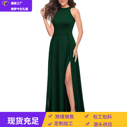 女式挂脖性感晚礼服2026夏季亚马逊时尚开叉鸡尾酒会长裙正式礼服
