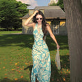Peacock Blue Floral Halter Backless Dress, Seaside Vacation