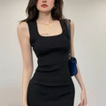 Korean U-Neck Green Camisole Fitted Long Dress