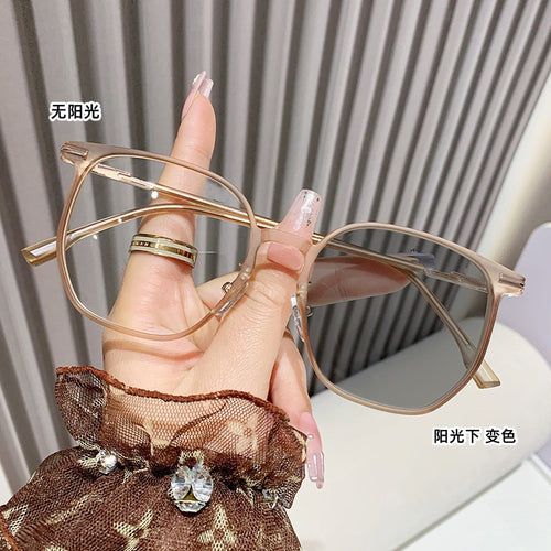 Photochromic Prescription Glasses Blue-Light Glasses Frame Women Fashionable Big Frame Bare Face Turn Grey Tea Tint Korean Student Prescription Sunglasses