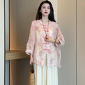 Early Spring New Chinese Fashion Frog Button Printed Loose Wide Leg Pants + Top 2-Piece Set