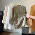 Summer Elegant Slimming 3/4 Sleeve V-Neck Beaded Heavy Shirt